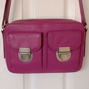 Fossil Leather Satchel Crossbody Purse - Fuchsia with Silver Detailing